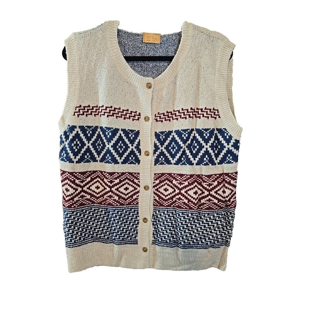 Pol Womens knit Sweater Vest Crew Neck Button Up front Sleeveless Stretch Size L